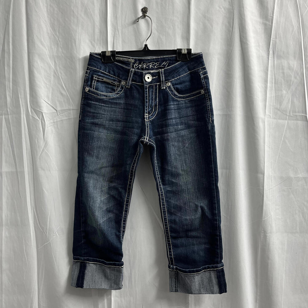 Y2K Carreli dark wash cuffed capri jeans with white contrast stitching Size 26